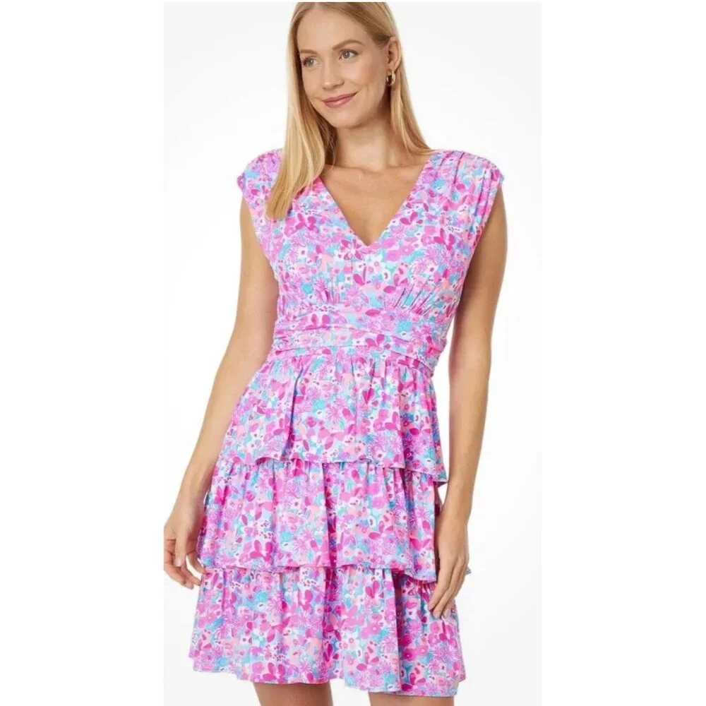 NEW Lilly Pulitzer Faye V-Neck Ruffle Dress Size M Aura Pink Baby Bloomer NWT - Picture 3 of 14